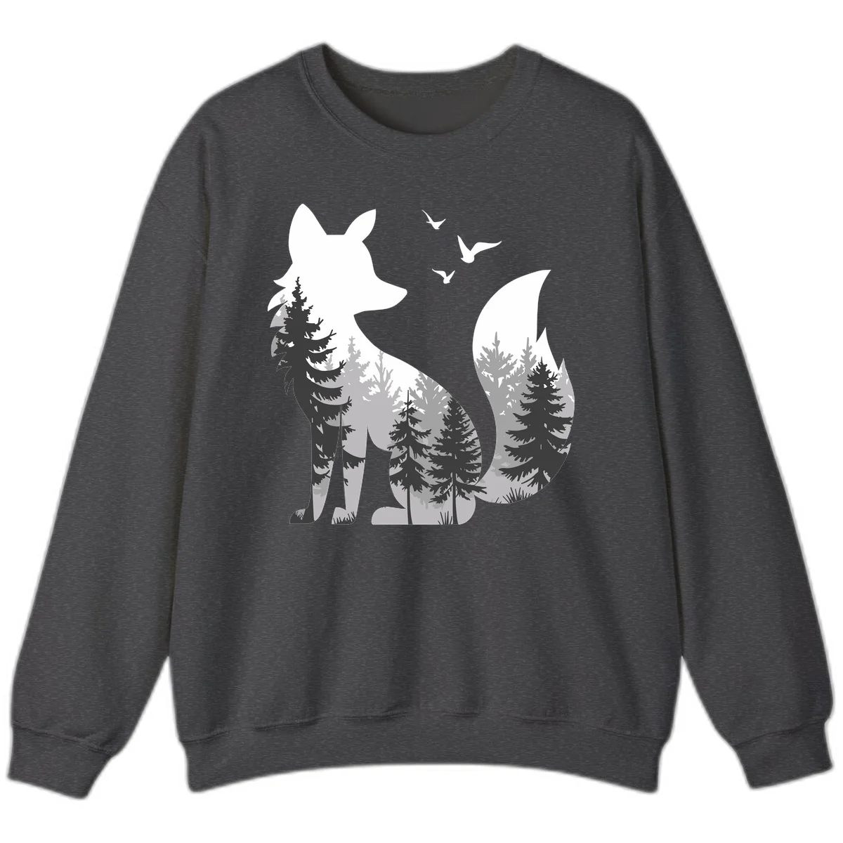 Forest fox double exposure illustration with evergreen trees and flying birds in black, gray, and white silhouettes in Dark Heather