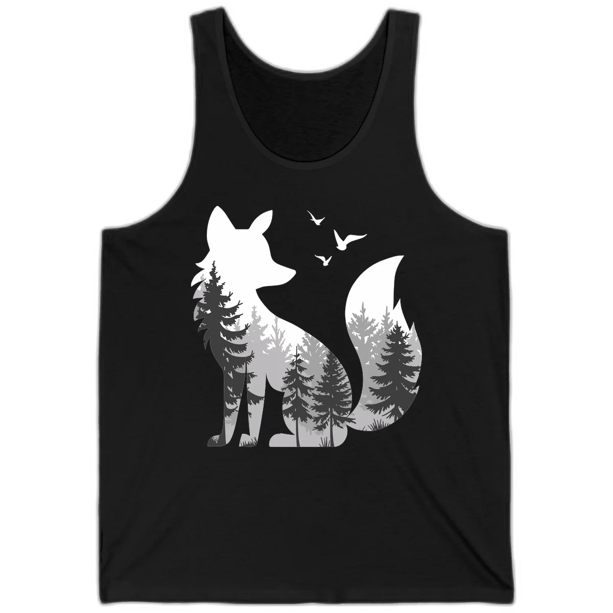 Forest fox double exposure illustration with evergreen trees and flying birds in black, gray, and white silhouettes in Black