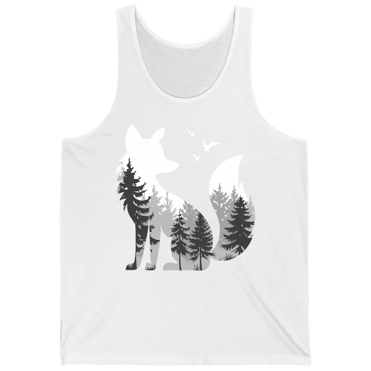 Forest fox double exposure illustration with evergreen trees and flying birds in black, gray, and white silhouettes in White