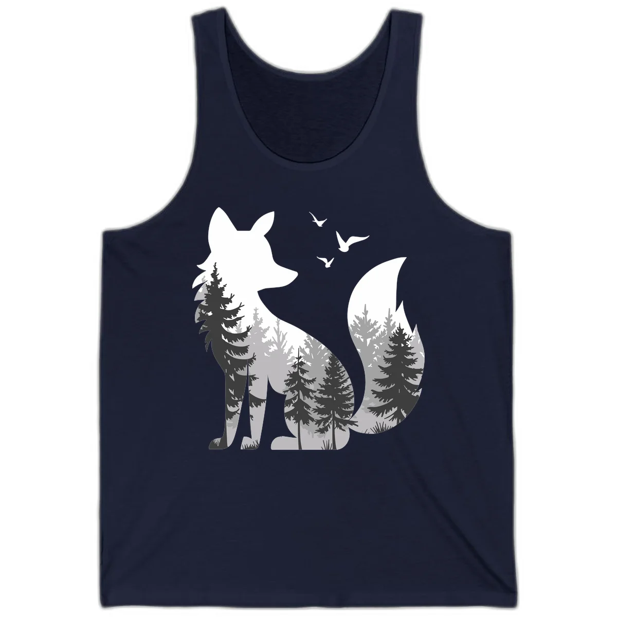 Forest fox double exposure illustration with evergreen trees and flying birds in black, gray, and white silhouettes in Navy