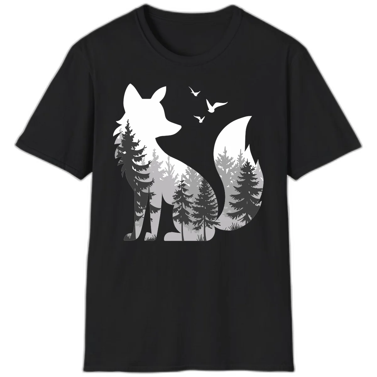 Forest fox double exposure illustration with evergreen trees and flying birds in black, gray, and white silhouettes in Black