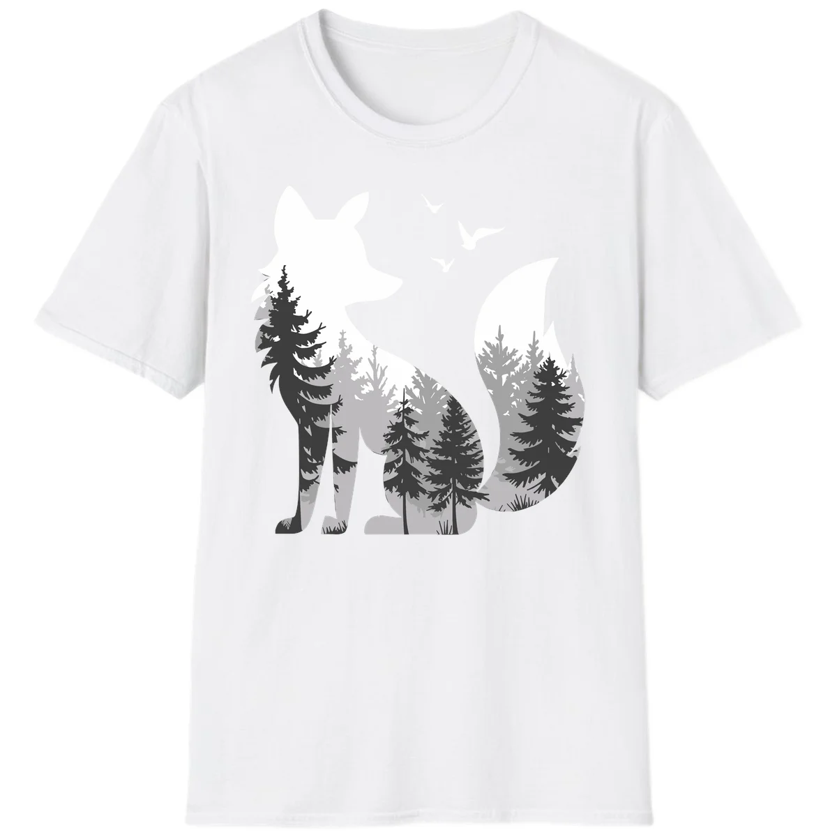 Forest fox double exposure illustration with evergreen trees and flying birds in black, gray, and white silhouettes in White