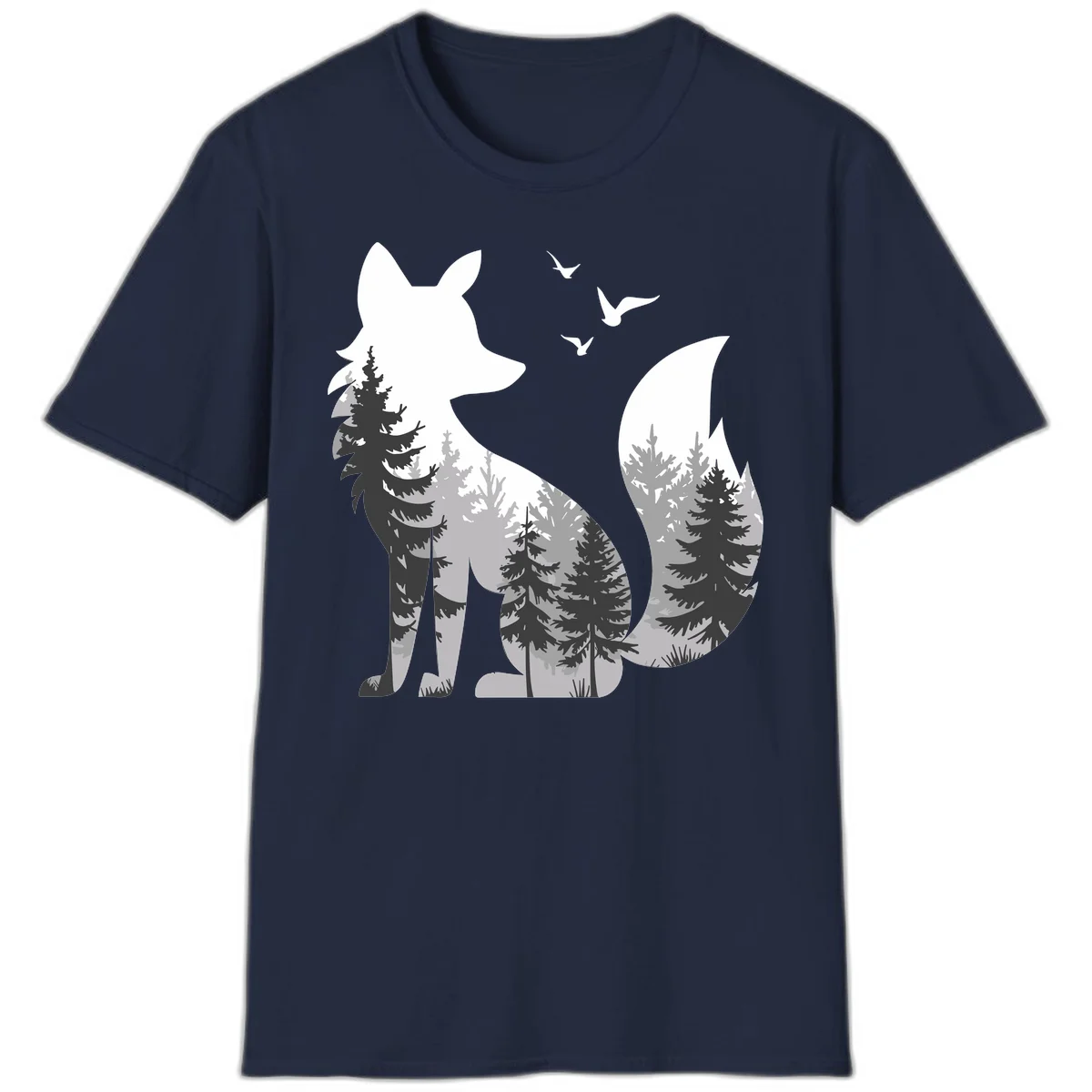 Forest fox double exposure illustration with evergreen trees and flying birds in black, gray, and white silhouettes in Navy