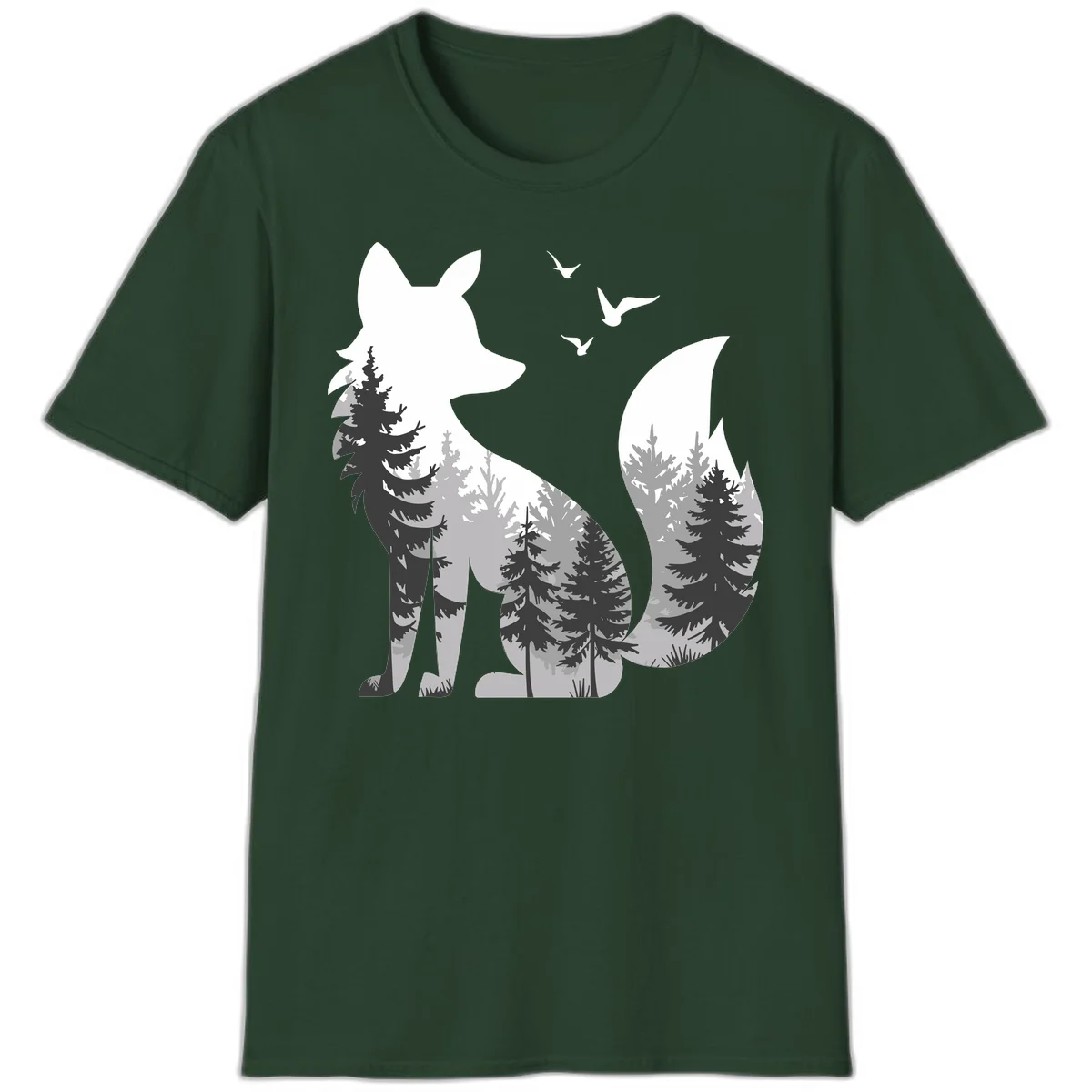 Forest fox double exposure illustration with evergreen trees and flying birds in black, gray, and white silhouettes in Forest Green
