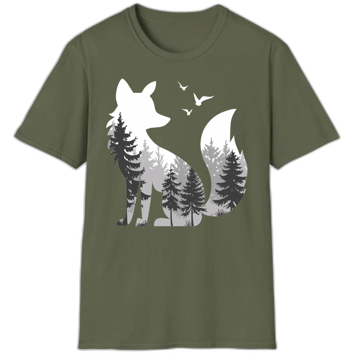 Forest fox double exposure illustration with evergreen trees and flying birds in black, gray, and white silhouettes in Military Green