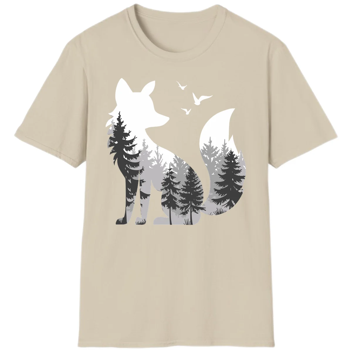 Forest fox double exposure illustration with evergreen trees and flying birds in black, gray, and white silhouettes in Sand