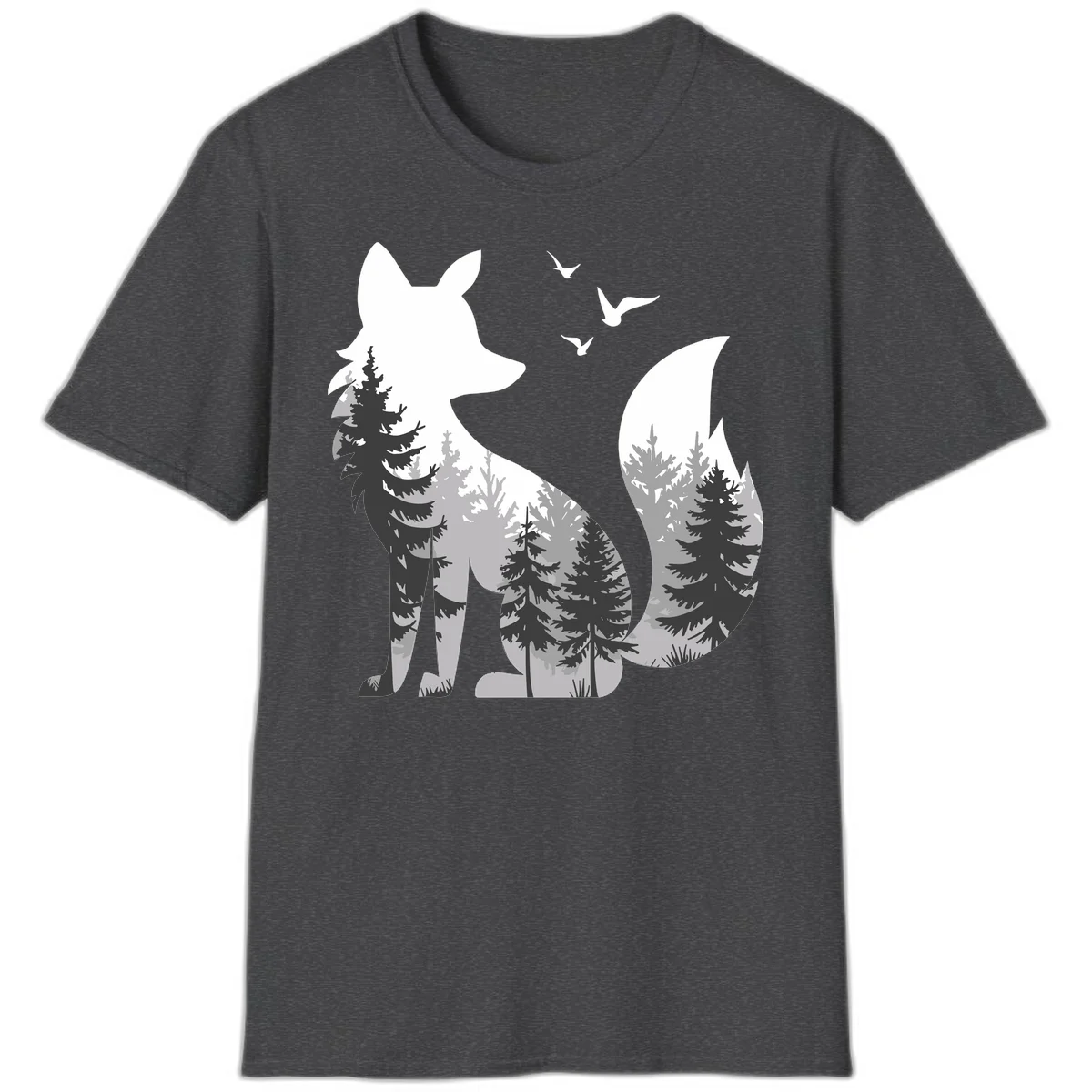 Forest fox double exposure illustration with evergreen trees and flying birds in black, gray, and white silhouettes in Dark Heather