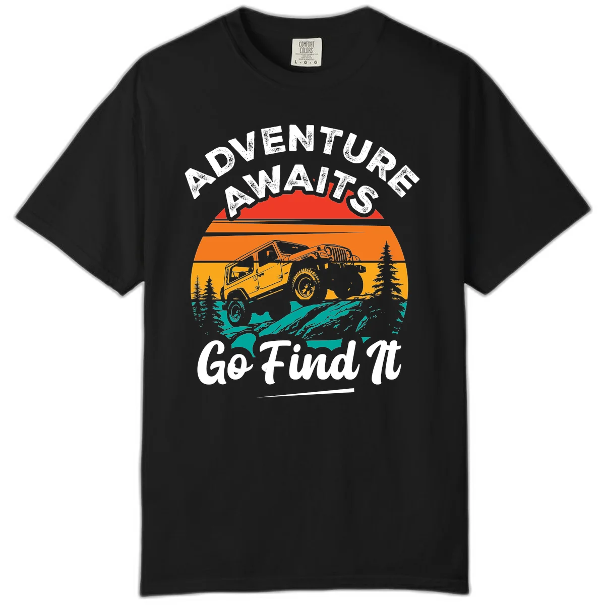 Vintage sunset-layered jeep adventure scene with mountains and pine trees, text reads Adventure Awaits Go Find It in Black