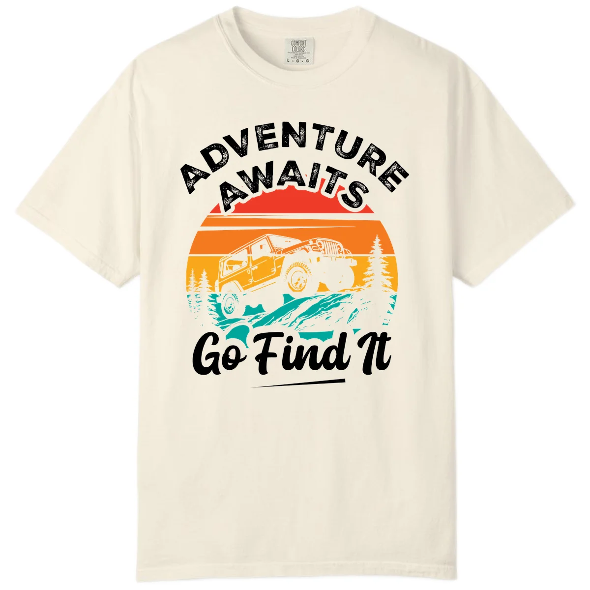 Vintage sunset-layered jeep adventure scene with mountains and pine trees, text reads Adventure Awaits Go Find It in Ivory