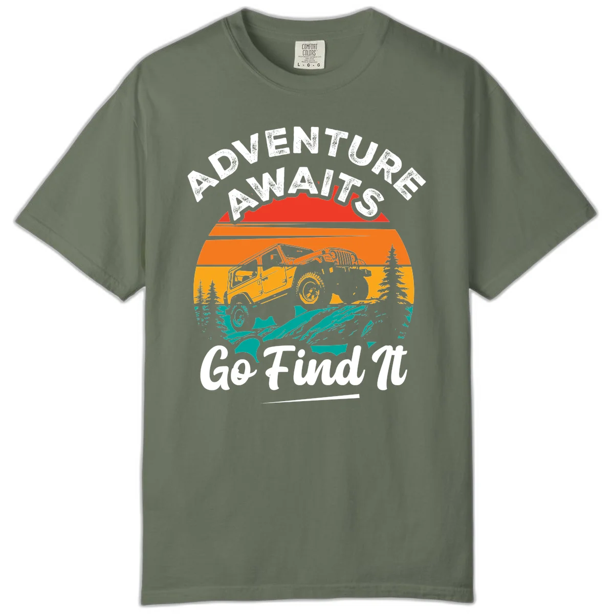 Vintage sunset-layered jeep adventure scene with mountains and pine trees, text reads Adventure Awaits Go Find It in Moss