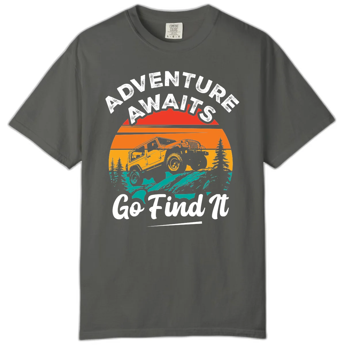 Vintage sunset-layered jeep adventure scene with mountains and pine trees, text reads Adventure Awaits Go Find It in Pepper