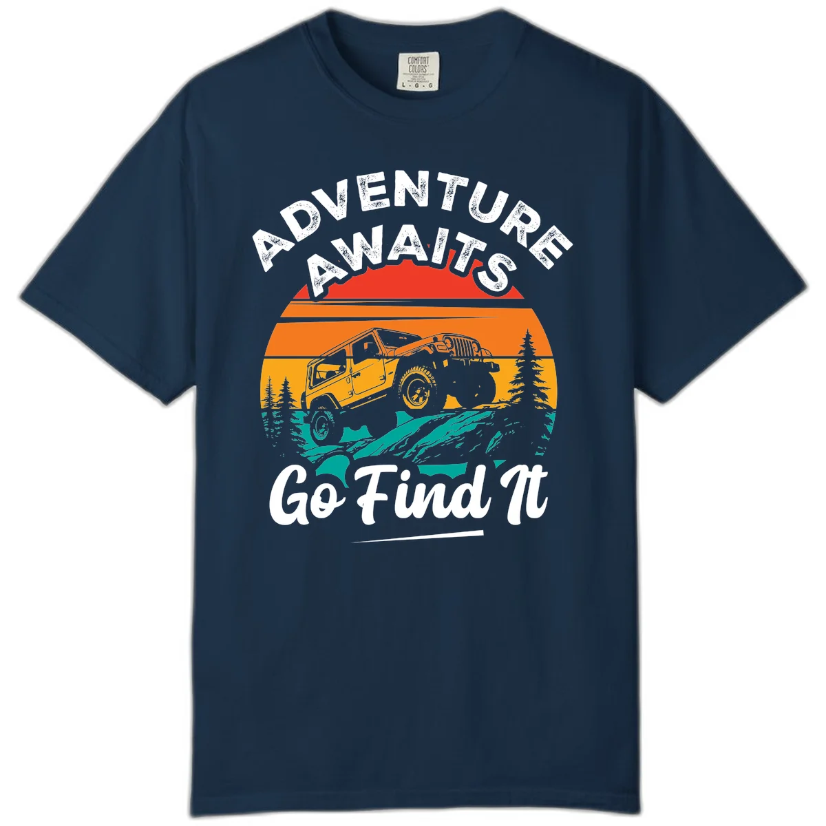 Vintage sunset-layered jeep adventure scene with mountains and pine trees, text reads Adventure Awaits Go Find It in True Navy