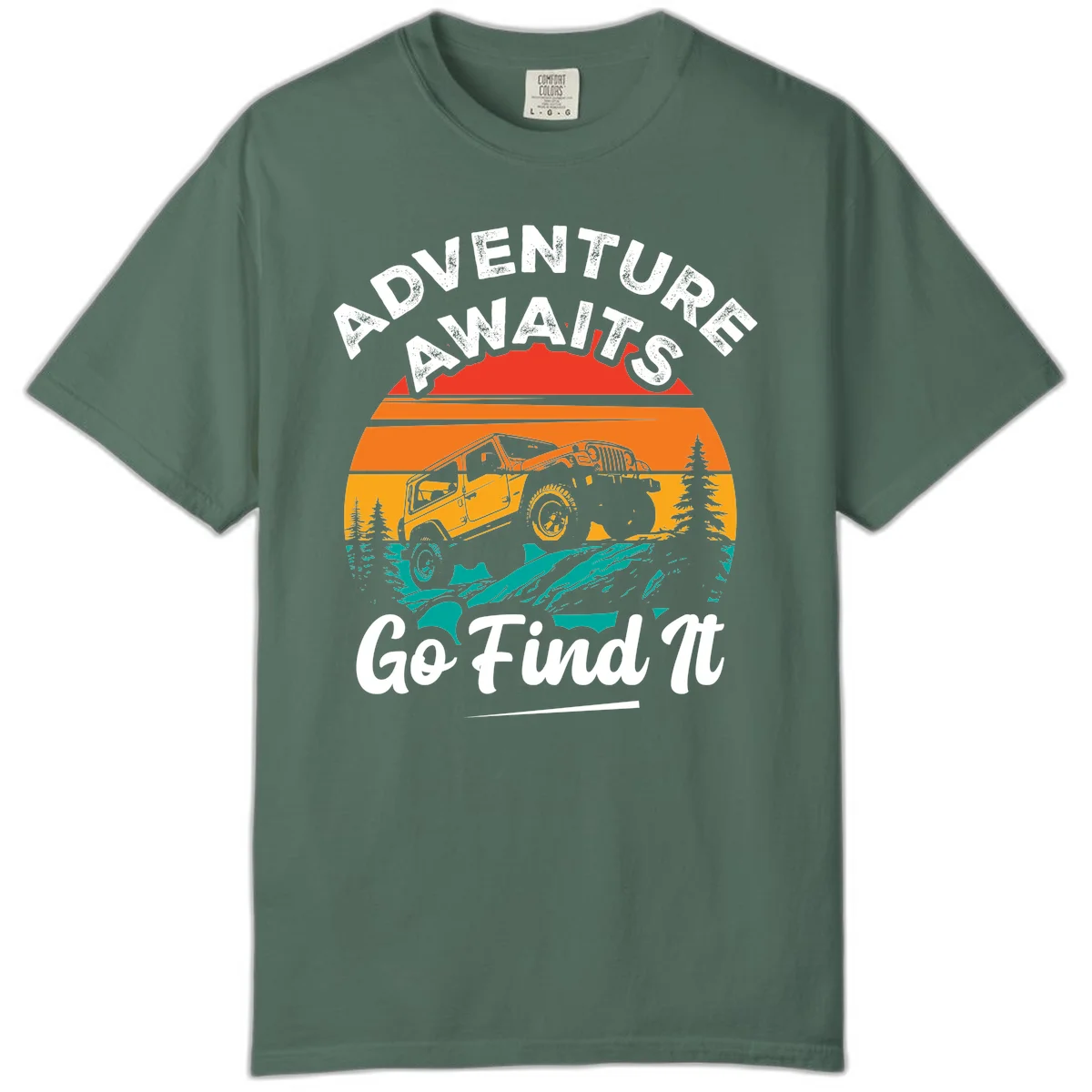 Vintage sunset-layered jeep adventure scene with mountains and pine trees, text reads Adventure Awaits Go Find It in Blue Spruce