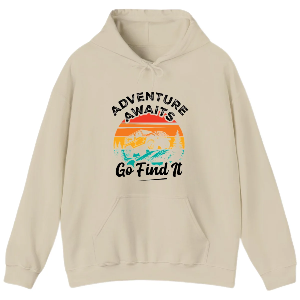 Vintage sunset-layered jeep adventure scene with mountains and pine trees, text reads Adventure Awaits Go Find It in Sand