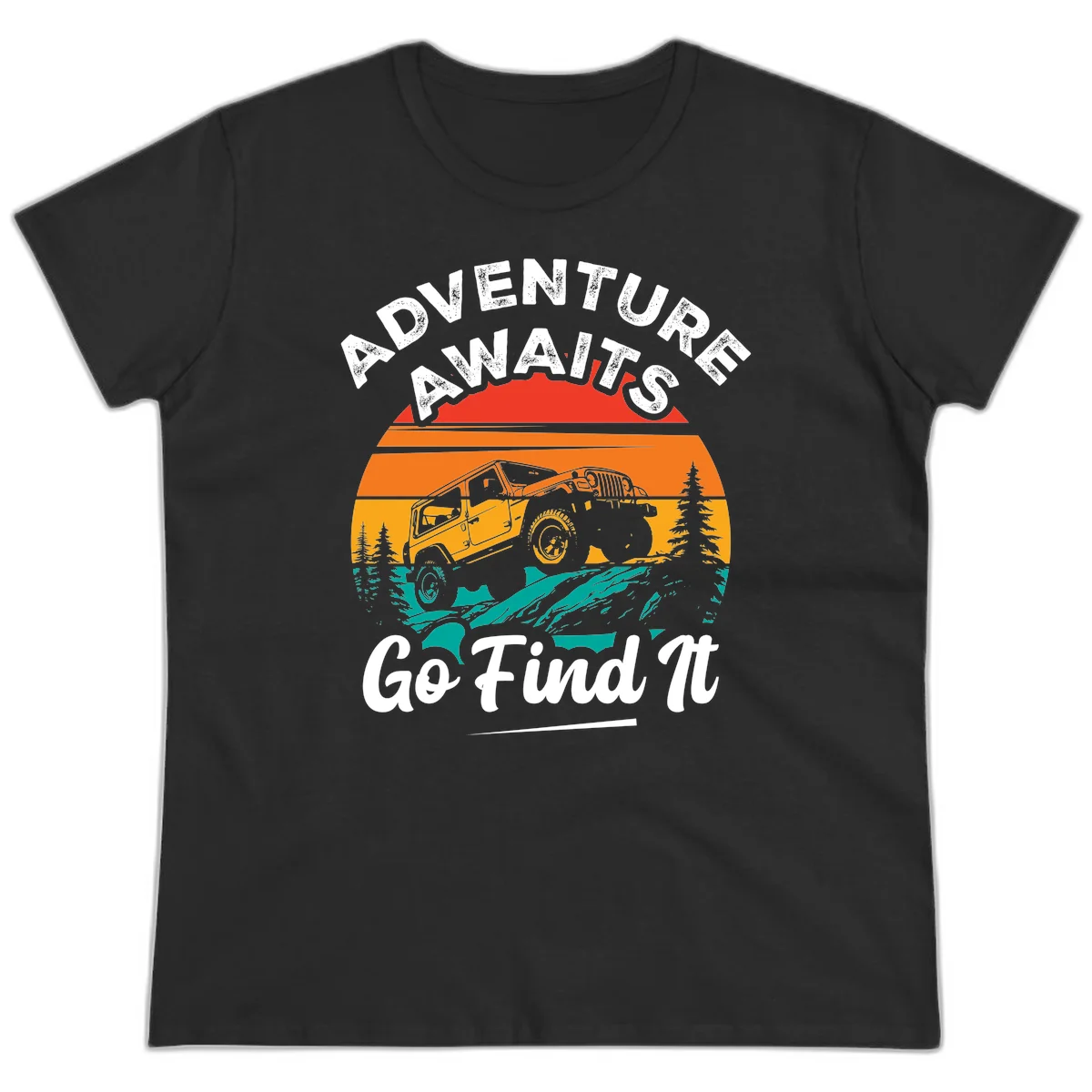 Vintage sunset-layered jeep adventure scene with mountains and pine trees, text reads Adventure Awaits Go Find It in Black