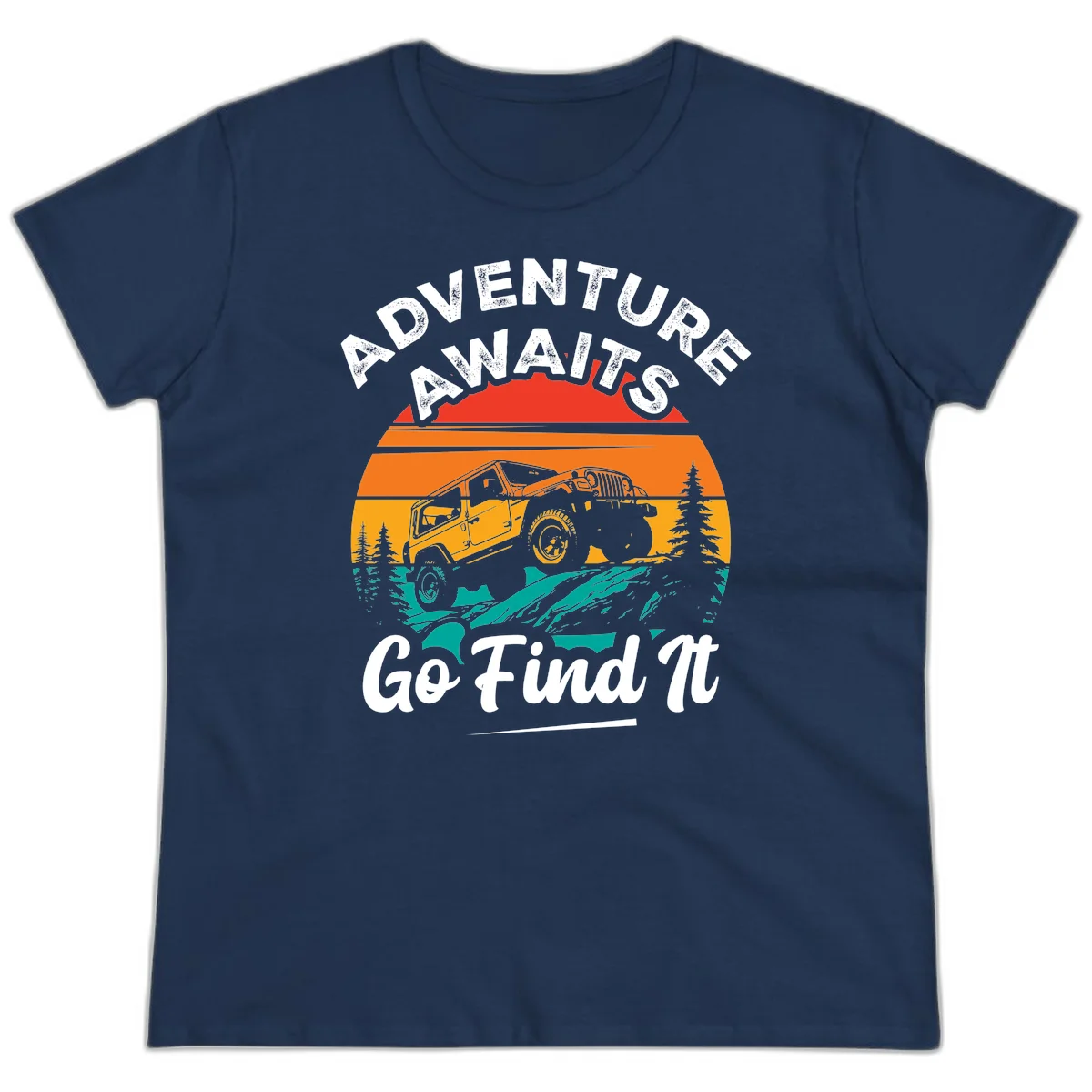 Vintage sunset-layered jeep adventure scene with mountains and pine trees, text reads Adventure Awaits Go Find It in Navy