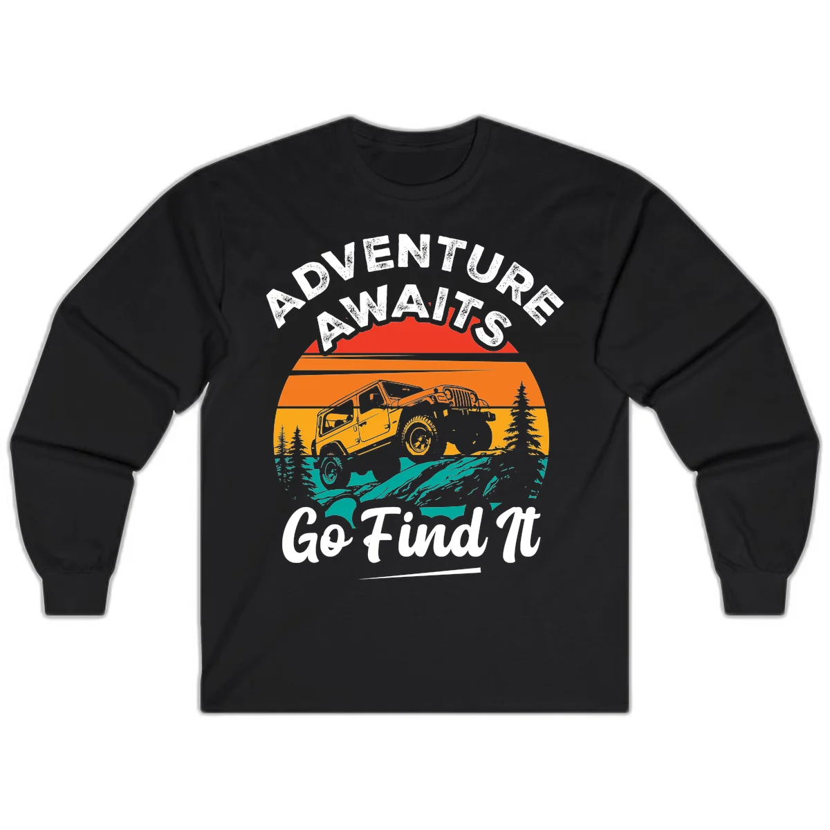 Vintage sunset-layered jeep adventure scene with mountains and pine trees, text reads Adventure Awaits Go Find It in Black