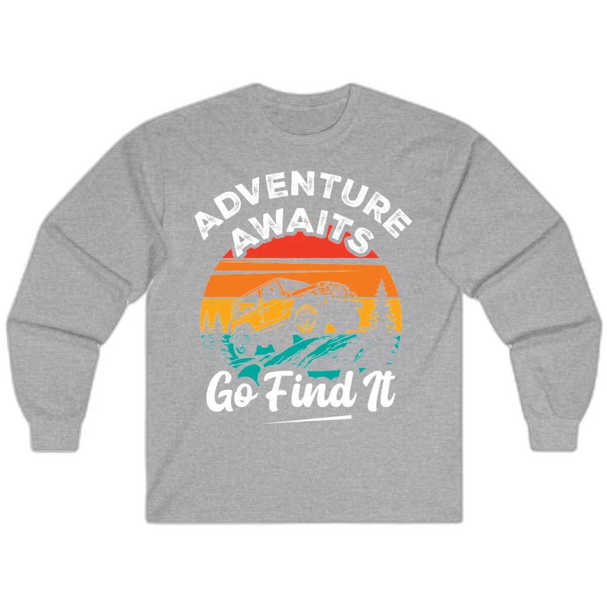 Vintage sunset-layered jeep adventure scene with mountains and pine trees, text reads Adventure Awaits Go Find It in Sport Grey