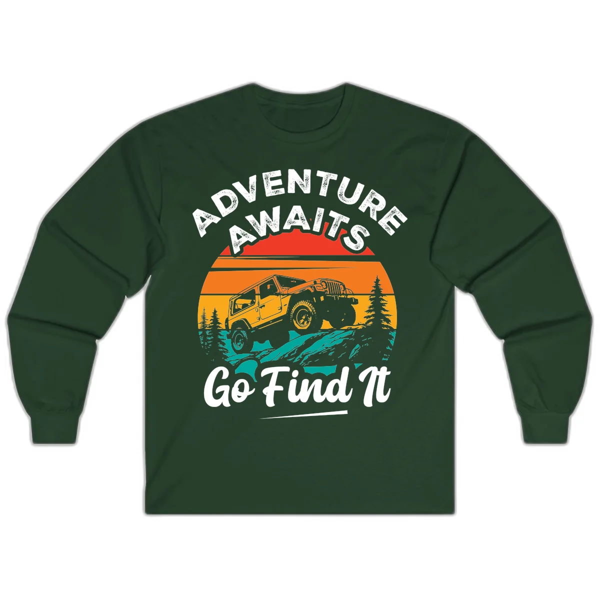 Vintage sunset-layered jeep adventure scene with mountains and pine trees, text reads Adventure Awaits Go Find It in Forest Green