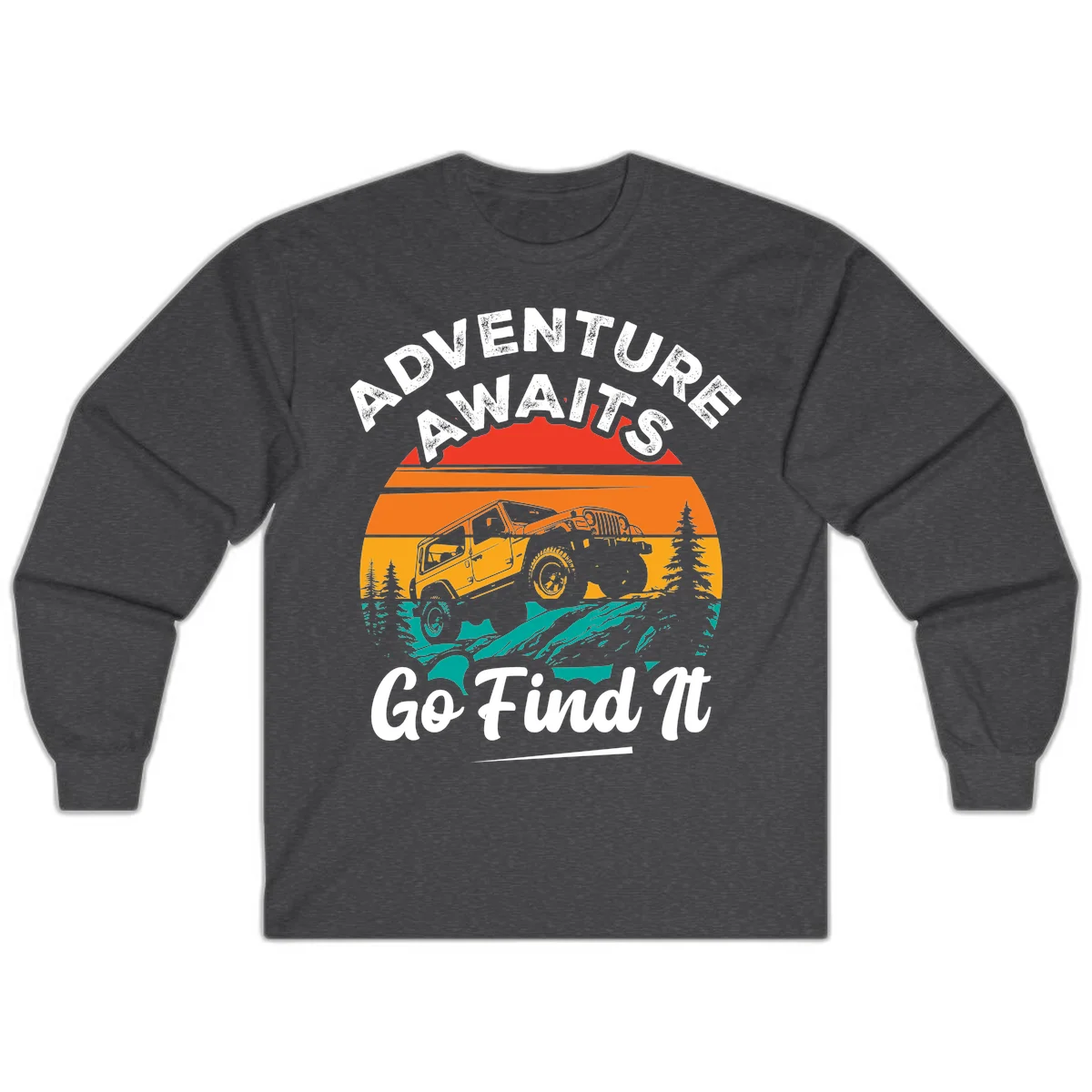 Vintage sunset-layered jeep adventure scene with mountains and pine trees, text reads Adventure Awaits Go Find It in Dark Heather