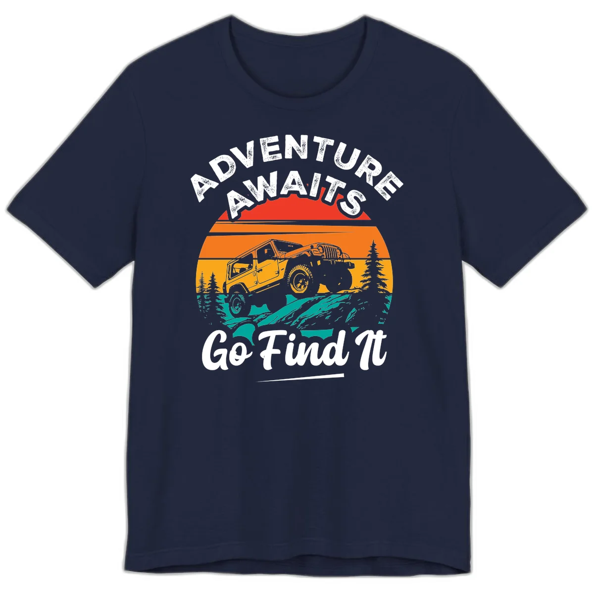 Vintage sunset-layered jeep adventure scene with mountains and pine trees, text reads Adventure Awaits Go Find It in Navy