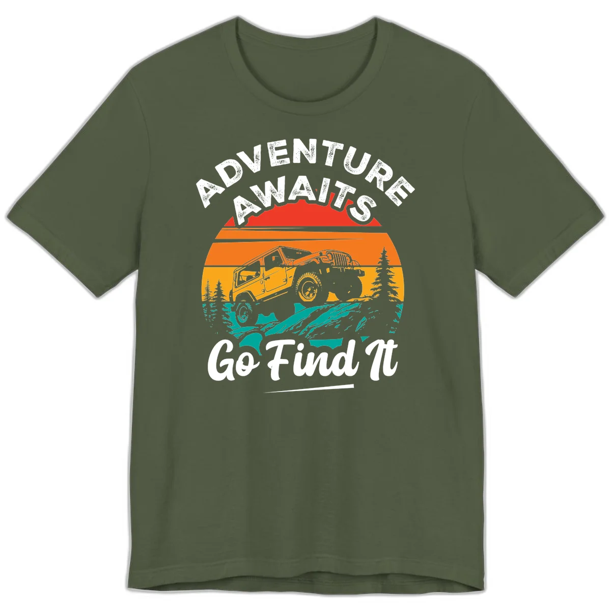 Vintage sunset-layered jeep adventure scene with mountains and pine trees, text reads Adventure Awaits Go Find It in Military Green