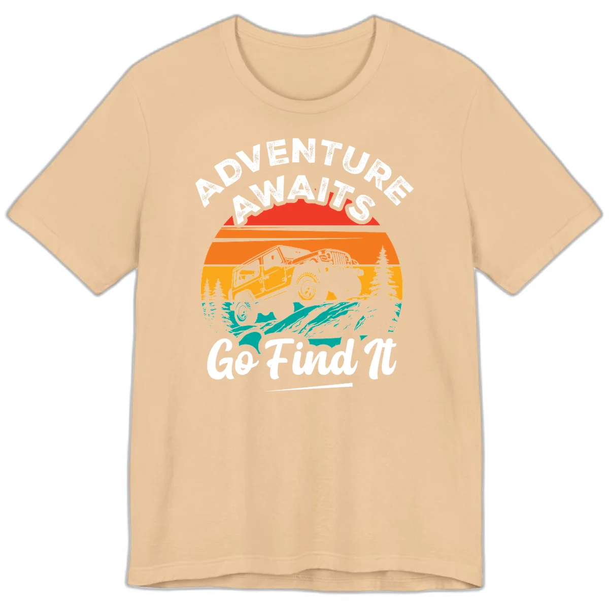 Vintage sunset-layered jeep adventure scene with mountains and pine trees, text reads Adventure Awaits Go Find It in Sand Dune