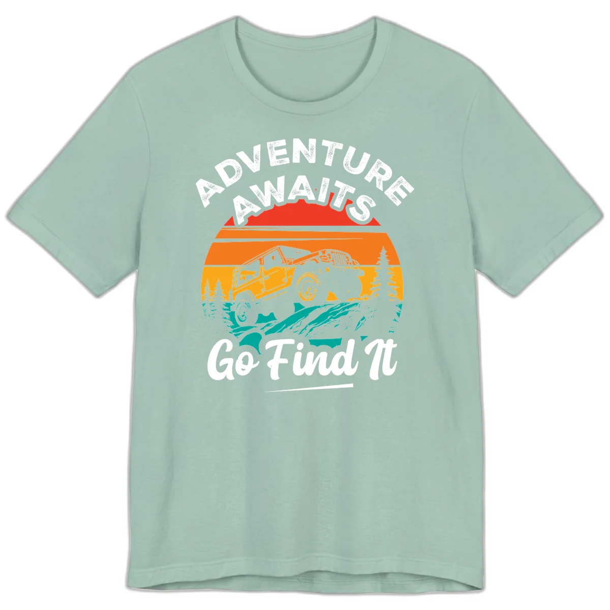 Vintage sunset-layered jeep adventure scene with mountains and pine trees, text reads Adventure Awaits Go Find It in Dusty Blue