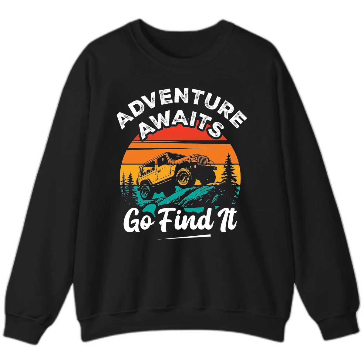 Vintage sunset-layered jeep adventure scene with mountains and pine trees, text reads Adventure Awaits Go Find It in Black