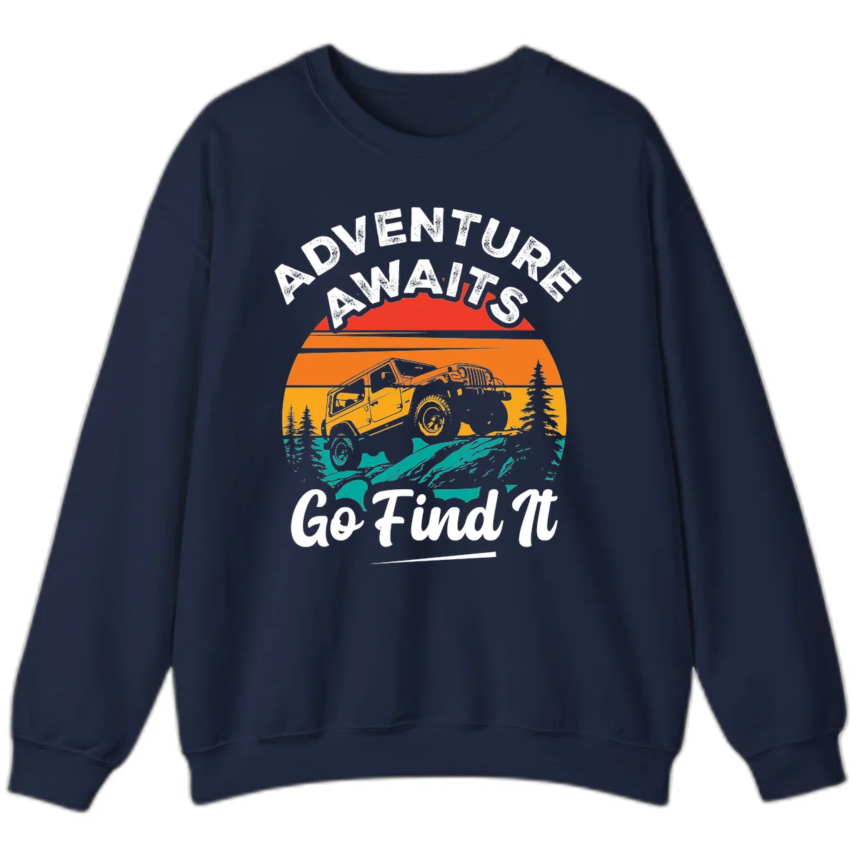 Vintage sunset-layered jeep adventure scene with mountains and pine trees, text reads Adventure Awaits Go Find It in Navy