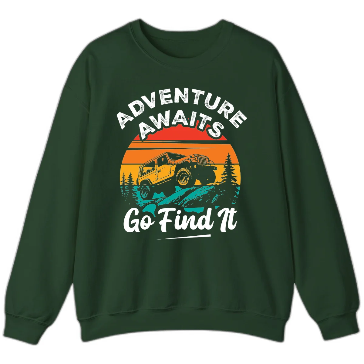 Vintage sunset-layered jeep adventure scene with mountains and pine trees, text reads Adventure Awaits Go Find It in Forest Green