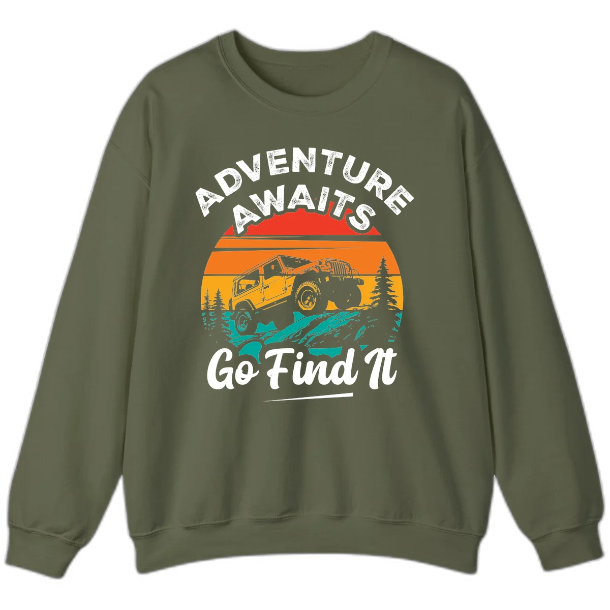 Vintage sunset-layered jeep adventure scene with mountains and pine trees, text reads Adventure Awaits Go Find It in Military Green