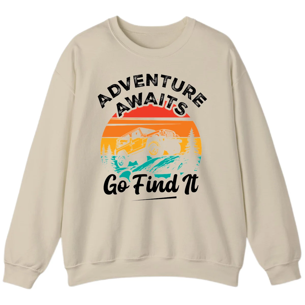 Vintage sunset-layered jeep adventure scene with mountains and pine trees, text reads Adventure Awaits Go Find It in Sand