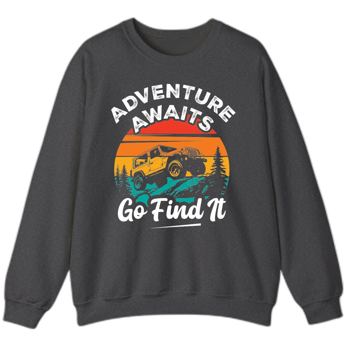 Vintage sunset-layered jeep adventure scene with mountains and pine trees, text reads Adventure Awaits Go Find It in Dark Heather