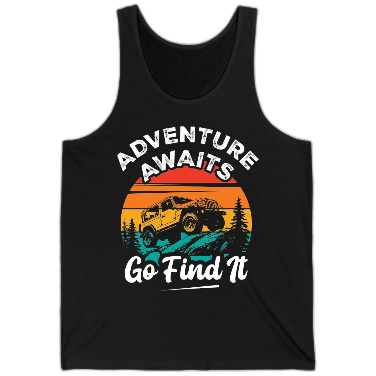 Vintage sunset-layered jeep adventure scene with mountains and pine trees, text reads Adventure Awaits Go Find It in Black