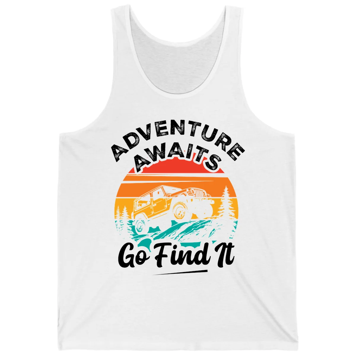 Vintage sunset-layered jeep adventure scene with mountains and pine trees, text reads Adventure Awaits Go Find It in White
