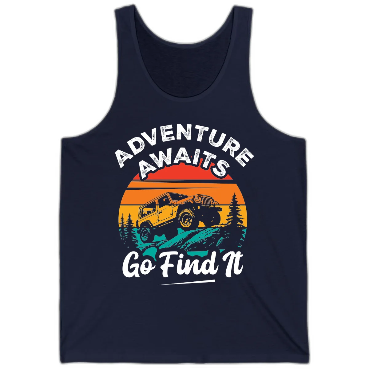 Vintage sunset-layered jeep adventure scene with mountains and pine trees, text reads Adventure Awaits Go Find It in Navy