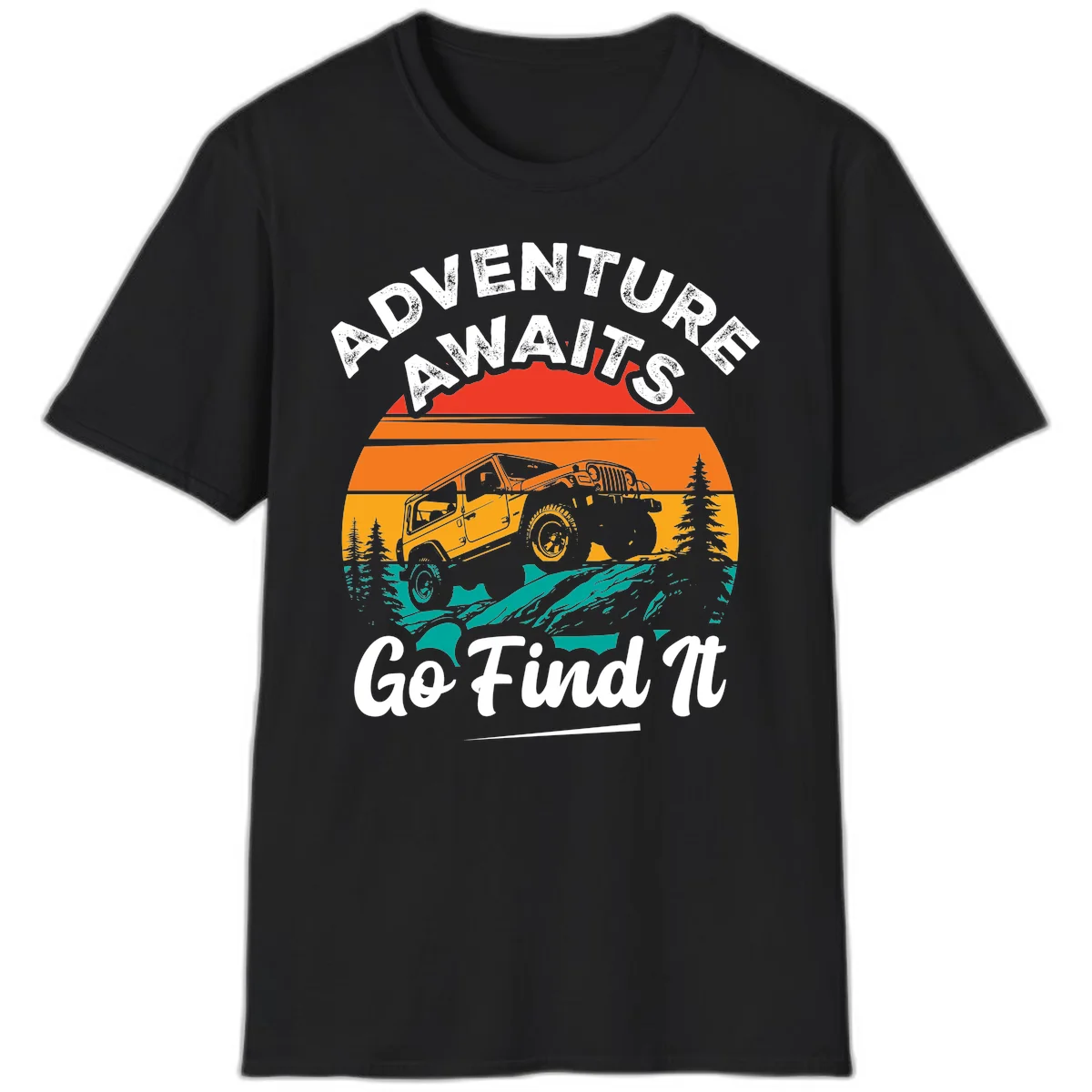 Vintage sunset-layered jeep adventure scene with mountains and pine trees, text reads Adventure Awaits Go Find It in Black