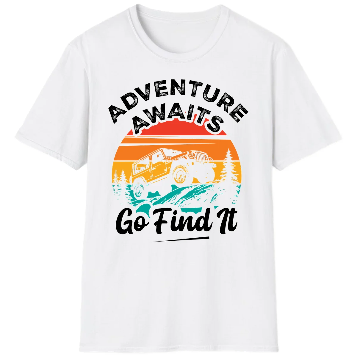 Vintage sunset-layered jeep adventure scene with mountains and pine trees, text reads Adventure Awaits Go Find It in White