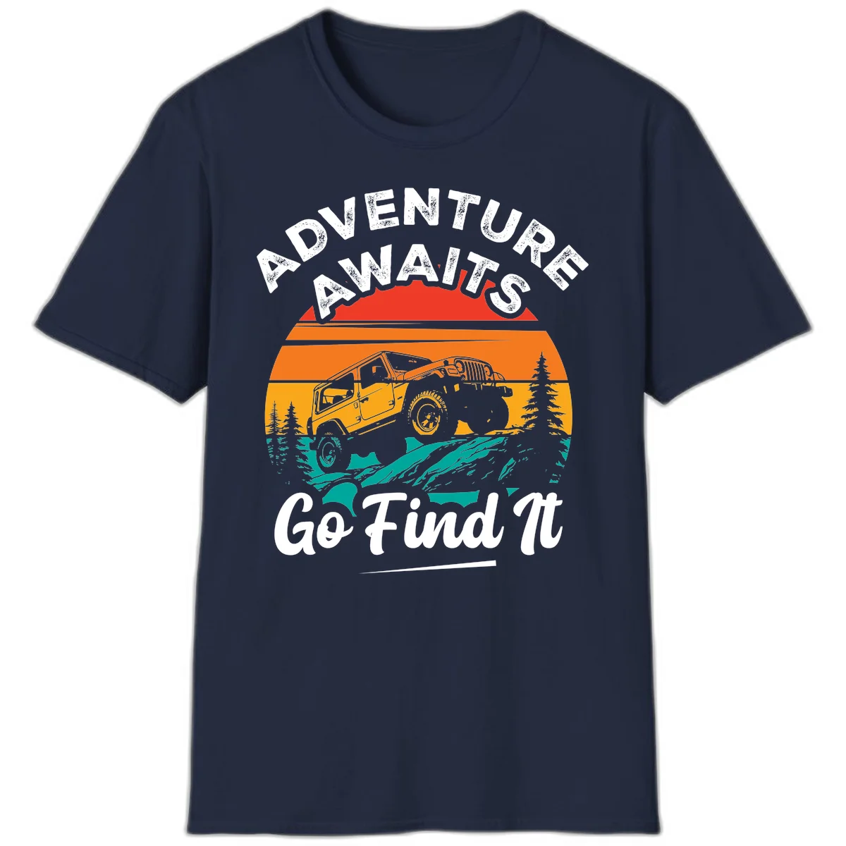 Vintage sunset-layered jeep adventure scene with mountains and pine trees, text reads Adventure Awaits Go Find It in Navy