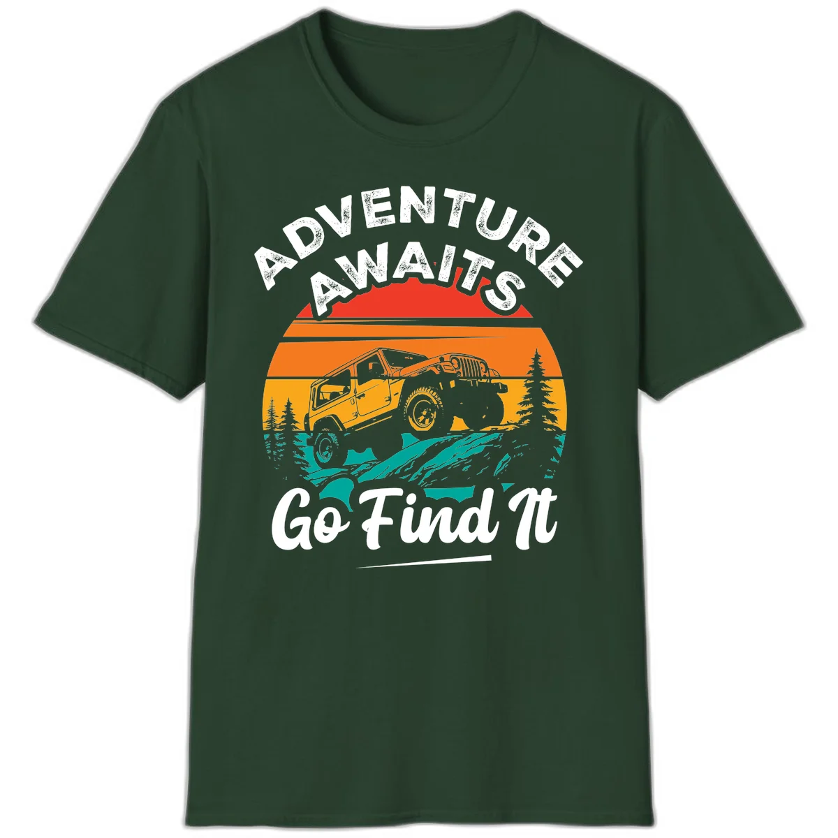 Vintage sunset-layered jeep adventure scene with mountains and pine trees, text reads Adventure Awaits Go Find It in Forest Green