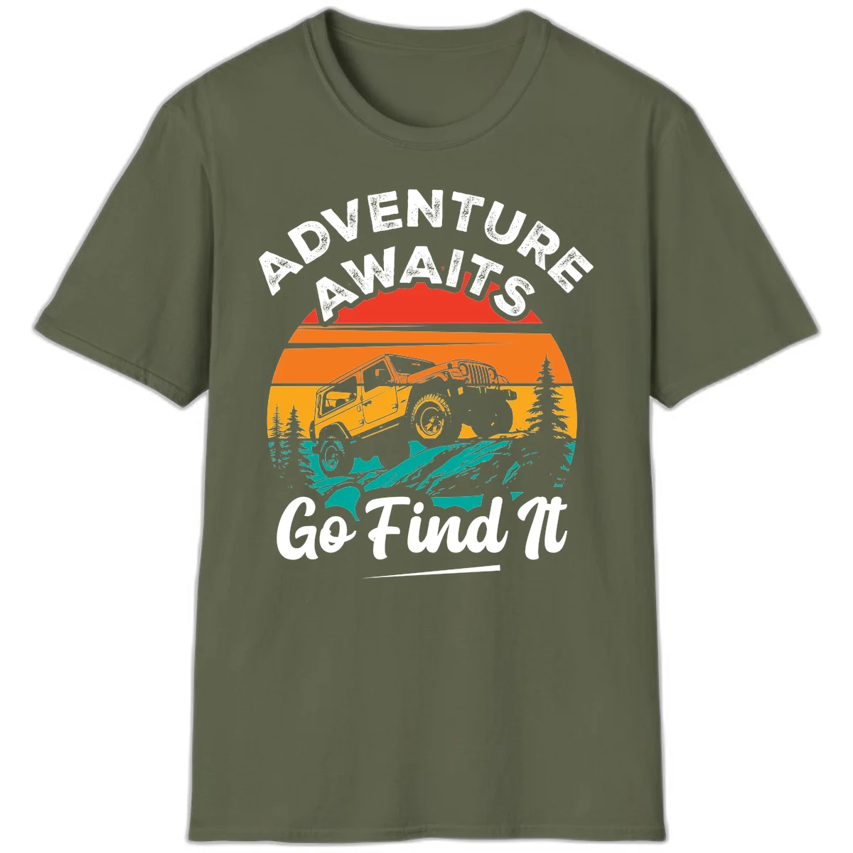 Vintage sunset-layered jeep adventure scene with mountains and pine trees, text reads Adventure Awaits Go Find It in Military Green