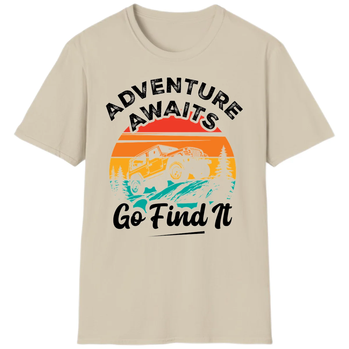 Vintage sunset-layered jeep adventure scene with mountains and pine trees, text reads Adventure Awaits Go Find It in Sand