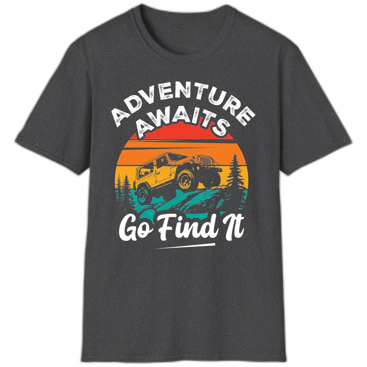 Vintage sunset-layered jeep adventure scene with mountains and pine trees, text reads Adventure Awaits Go Find It in Dark Heather