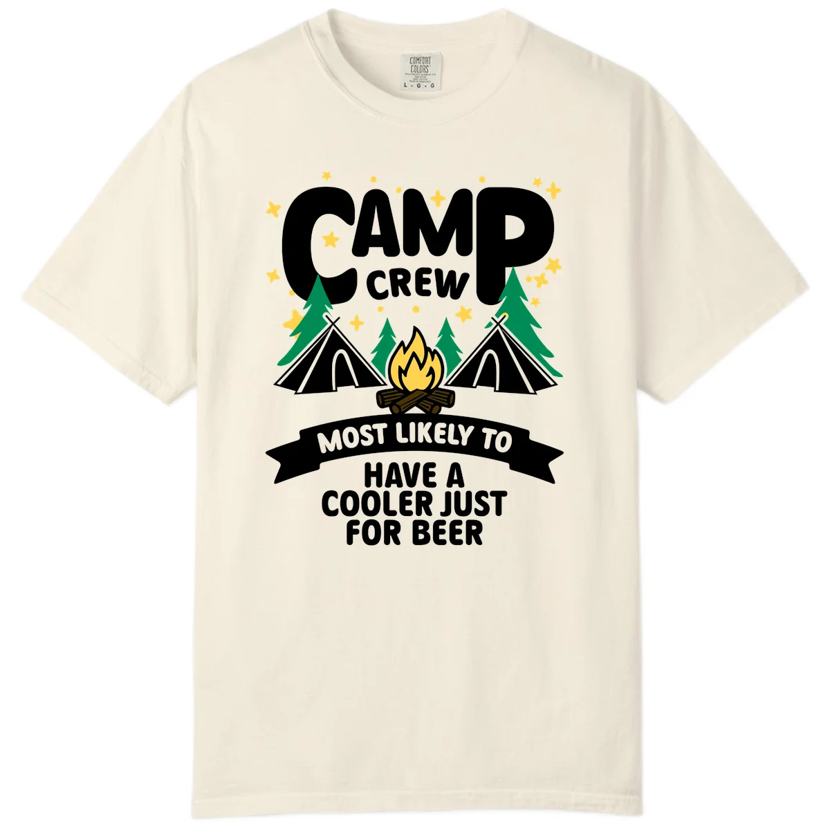 Camp crew cooler beer design showing campfire, teepees, and trees with humorous camping text on gray background. in Ivory