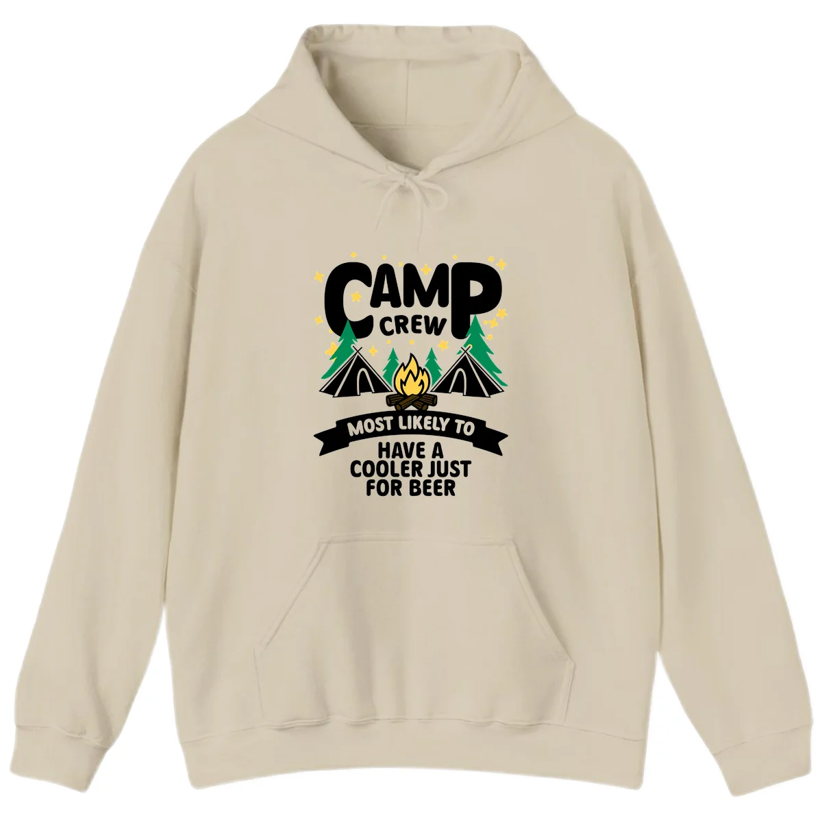 Camp crew cooler beer design showing campfire, teepees, and trees with humorous camping text on gray background. in Sand
