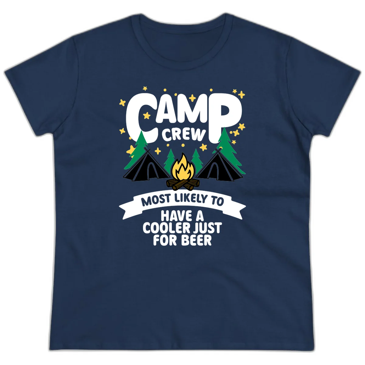 Camp crew cooler beer design showing campfire, teepees, and trees with humorous camping text on gray background. in Navy
