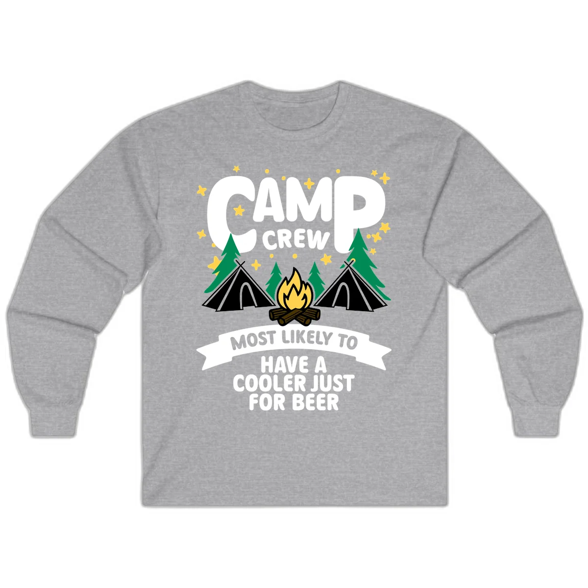 Camp crew cooler beer design showing campfire, teepees, and trees with humorous camping text on gray background. in Sport Grey