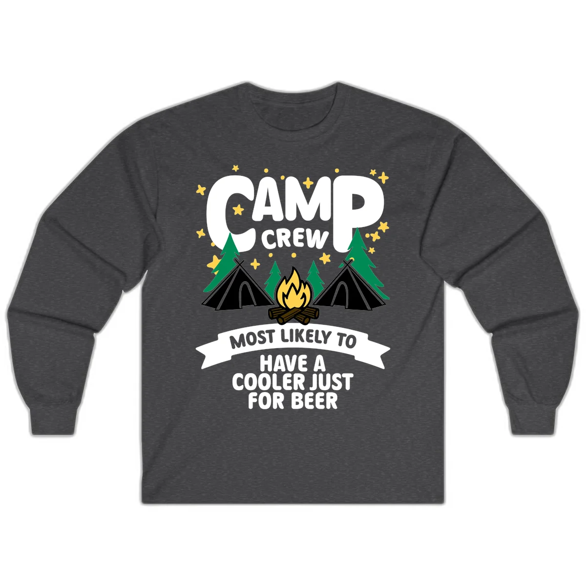 Camp crew cooler beer design showing campfire, teepees, and trees with humorous camping text on gray background. in Dark Heather