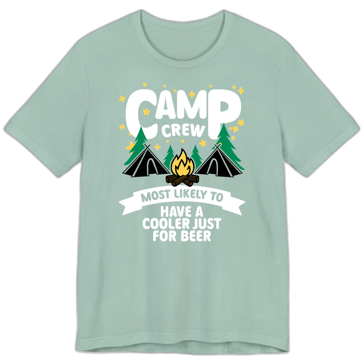 Camp crew cooler beer design showing campfire, teepees, and trees with humorous camping text on gray background. in Dusty Blue